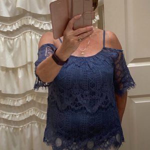 Daytrip Smoke Blue Cold Shoulder Crochet Top Size XS